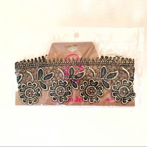 Wide Lace Choker 14” Necklace Metallic Gold Black